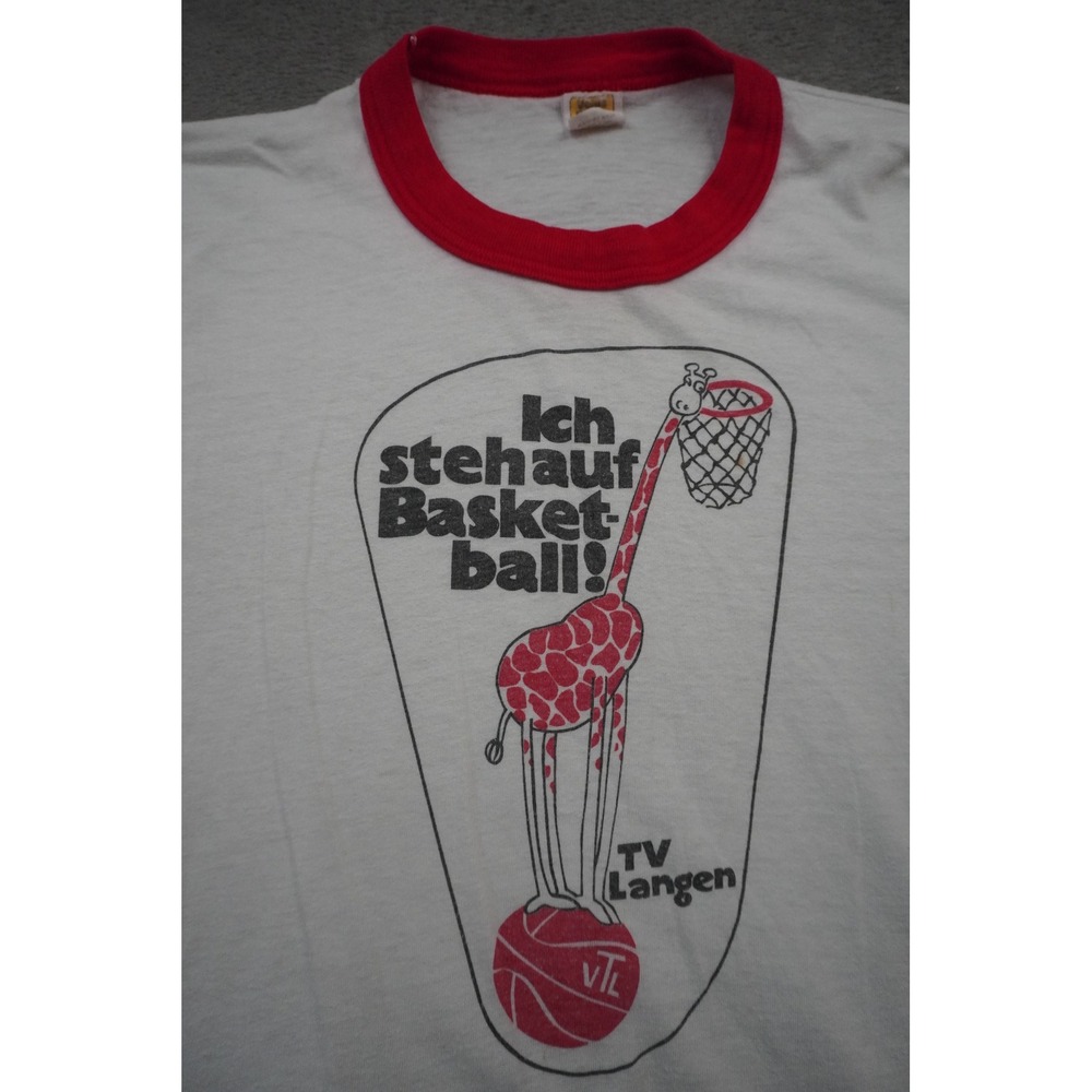 Vintage Velva Sheen Mens Ringer T-Shirt White M TV Langen Giraffe Basketball 80s